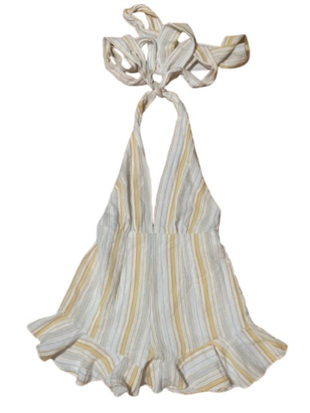 Oliviaceous Striped Halter Shorts Romper in White and Mustard Size Small
